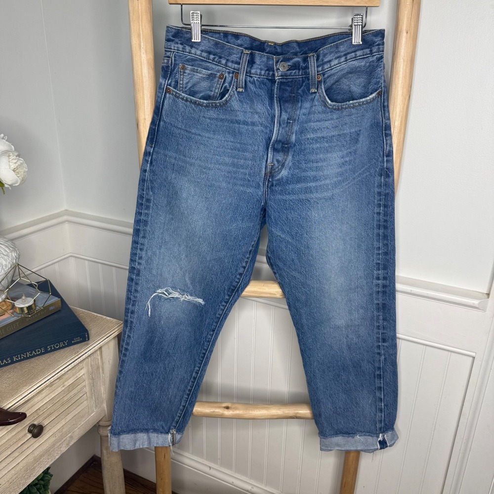 Levis 501 Original Cropped Jeans 30 Medium Wash Blue Distressed Button Fly 3269